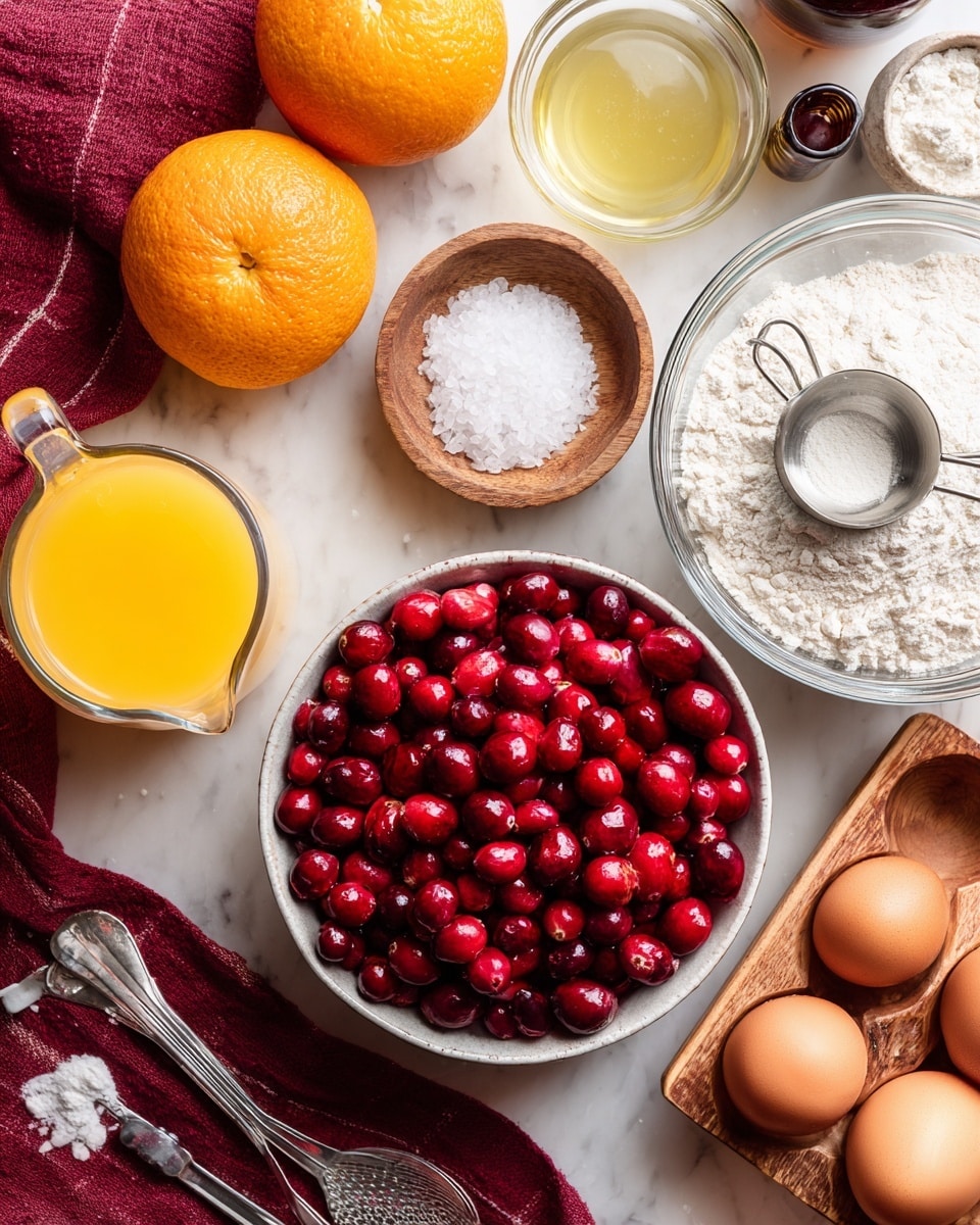 A white bowl full of bright red cranberries sits near the bottom center. To the left, an orange and a clear glass measuring cup with orange juice show a bright color. Above the cranberries is a small metal cup filled with granulated white sugar and next to it a wooden dish holds coarse salt. Two brown eggs are placed near the right side. A large clear glass bowl filled with white flour has a metal measuring cup resting on top of the flour toward the right upper side. A small glass bowl holds a light yellow liquid, next to metal measuring spoons and a dark bottle, all sitting on a white marbled surface. There's a white pan near the right edge and a fine grater near the bottom left corner. A maroon cloth is placed slightly under the large flour bowl. The photo taken with an iphone --ar 4:5 --v 7