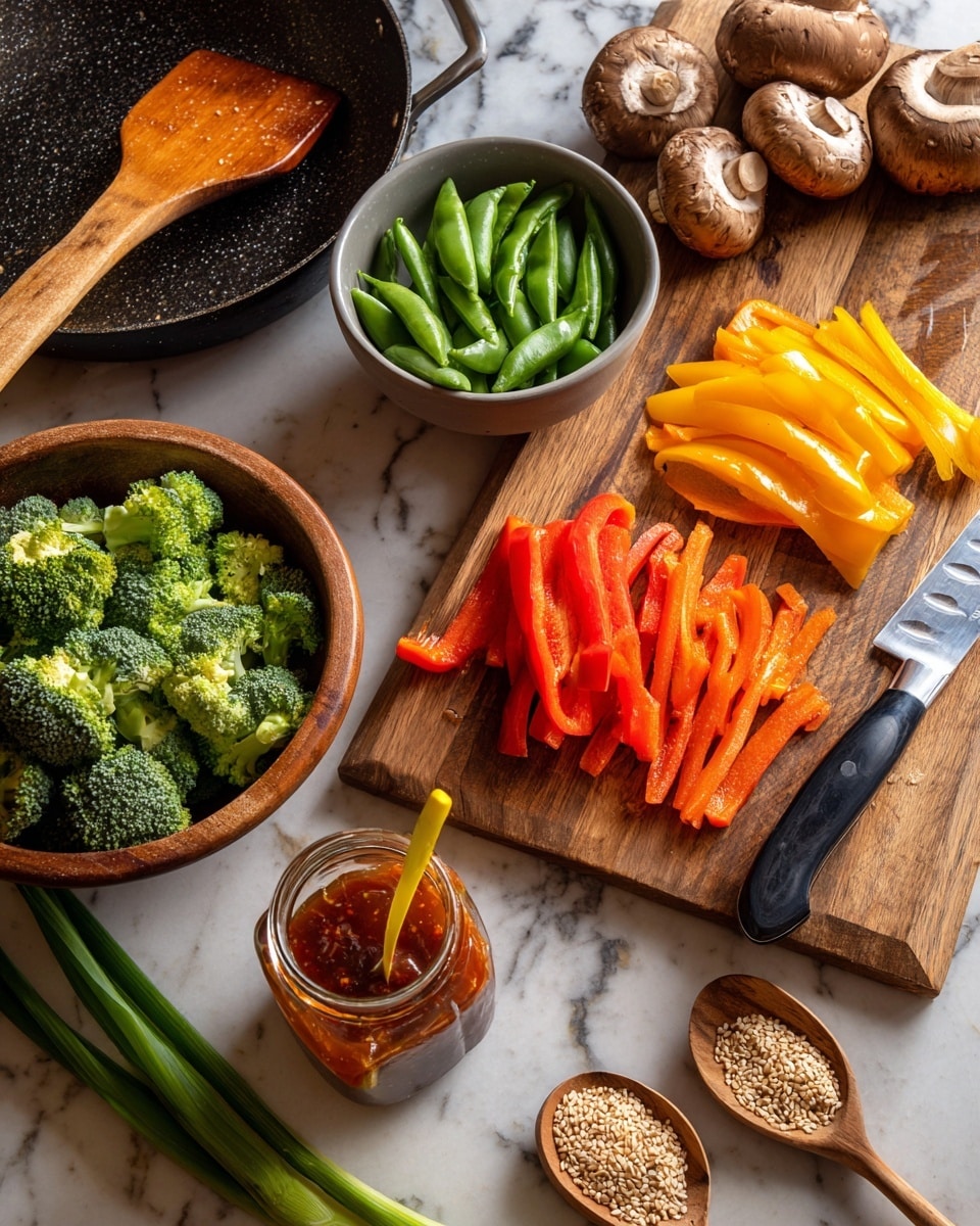 The image shows a wooden cutting board holding a bright red bell pepper in the center, with orange carrot slices spread out to its left, and yellow bell pepper strips on the right near a kitchen knife. Above the red pepper, there are several brown mushrooms with smooth caps. To the right of the cutting board, a gray bowl is filled with fresh green snap peas. Below the board, a wooden bowl overflows with green broccoli florets. At the top left, a black frying pan with a wooden spatula rests near some fresh green onions on a white marbled surface. A glass jar containing a reddish-brown sauce with a yellow spoon inside sits next to the carrots. In the lower right corner, two wooden spoons hold beige sesame seeds. photo taken with an iphone --ar 4:5 --v 7