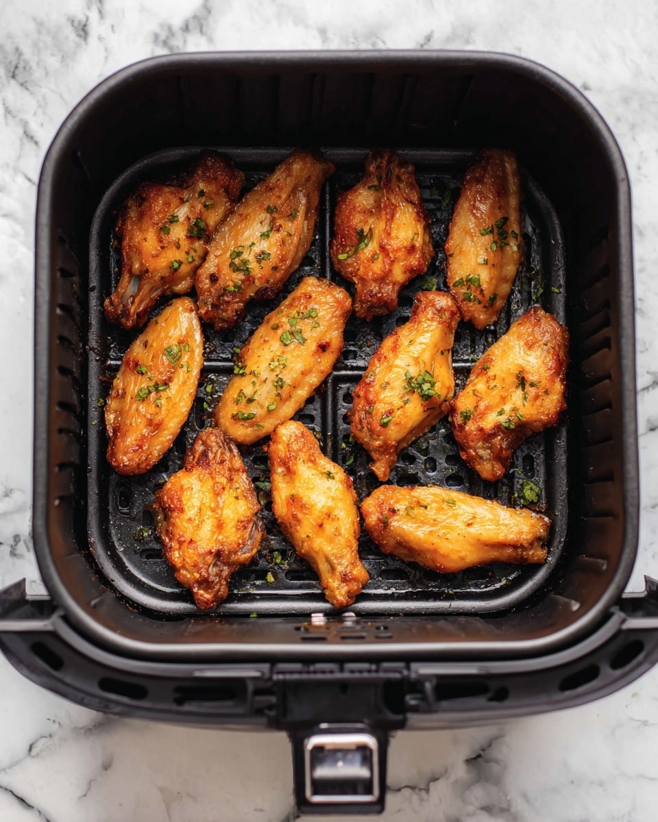Inside a black air fryer basket with a perforated bottom, there are nine golden-orange chicken wings evenly spaced in three rows. Each wing shines slightly with a light glaze and is sprinkled with small green herb pieces. The basket rests on a surface with a white marbled texture. Photo taken with an iphone --ar 4:5 --v 7