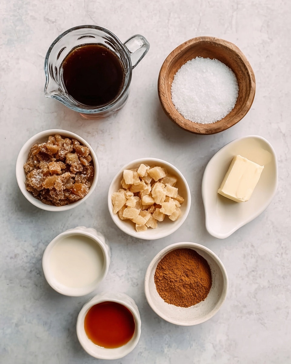 The image shows seven small white bowls and glass pitchers arranged on a white marbled surface, each holding different ingredients. From top center, a clear glass pitcher with dark brown liquid, below it slightly to the right, a small wooden bowl with coarse white salt. To the right center, a small white oval dish with a stick of pale yellow butter. Below and slightly left, a small white bowl filled with chunky light brown fruit pieces, next to that on the bottom center a smaller white bowl holding reddish-brown liquid. At bottom left, a clear glass pitcher with white creamy liquid. On the mid-left, a small white oval bowl with two types of powder, light brown and darker reddish brown. The colors and textures create a warm, natural feel. photo taken with an iphone --ar 4:5 --v 7