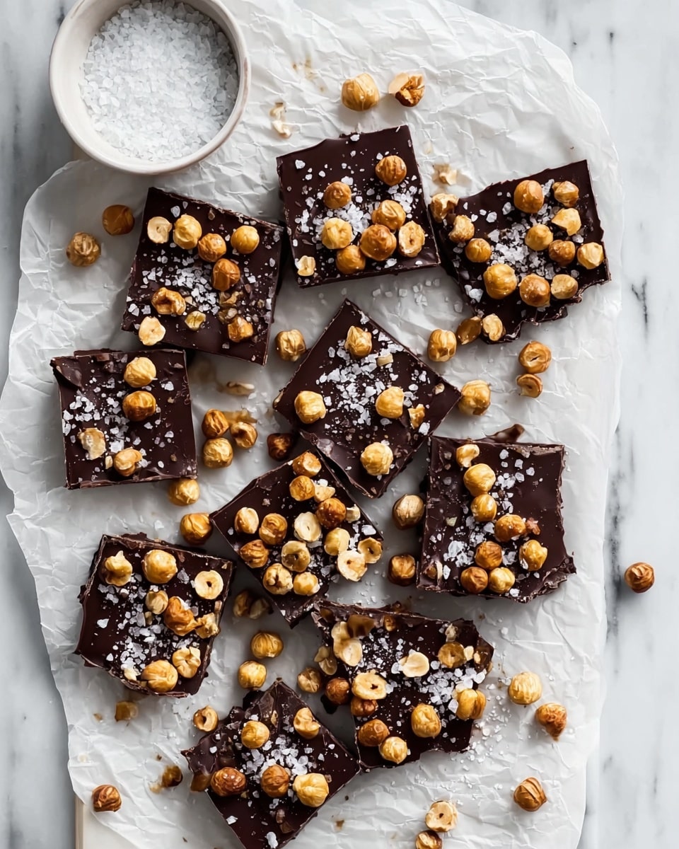 The image shows about a dozen square pieces of dark chocolate bark, each topped with a scattered layer of whole and halved golden-brown hazelnuts, and sprinkled with coarse white salt crystals. The chocolate squares have a smooth and glossy texture, and are placed on crumpled white parchment paper, which rests on a white marbled surface. To the top left, there is a small white bowl filled with salt. Some hazelnuts and salt crystals are scattered around the chocolate pieces on the parchment and marble surface. The colors mainly include dark brown, golden brown, and bright white. photo taken with an iphone --ar 4:5 --v 7