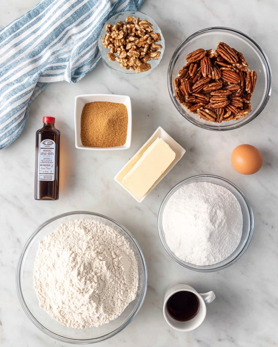 A top-down view of various baking ingredients arranged neatly on a white marbled surface, including a large clear bowl filled with white flour at the bottom center, a medium clear bowl with brown sugar and white powdered sugar combined at the top right, a small glass bowl filled with whole pecans below a stick of butter, a small white square dish holding cinnamon and baking powder, a single brown egg positioned above a small white cup labeled