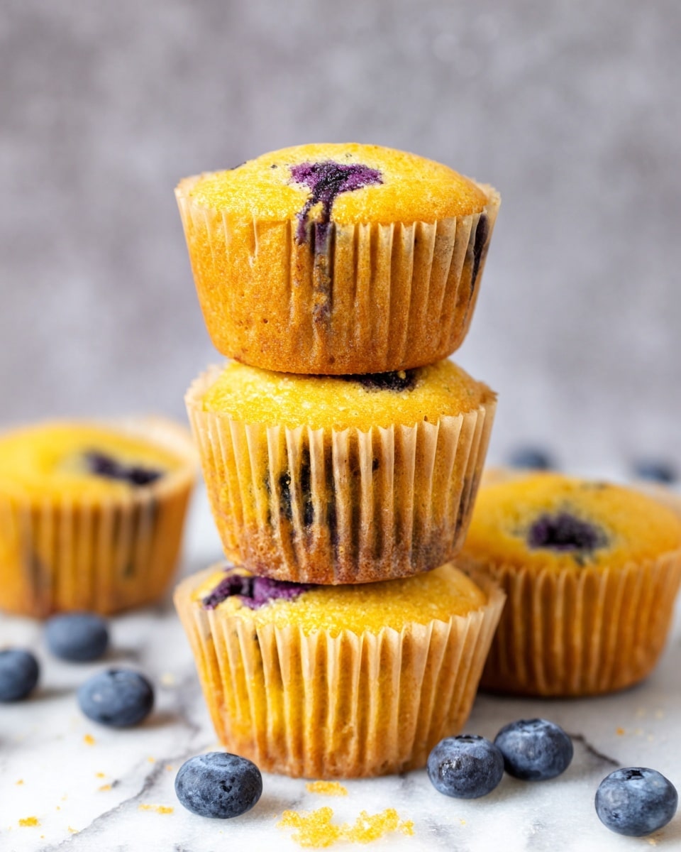 The image shows a split blueberry muffin placed on a white plate with a light blue rim, resting on a white marbled surface. The muffin is golden yellow with visible blueberries inside, and both halves have a creamy layer spread on top. A thick, golden honey drizzle falls from a wooden honey dipper onto the creamy layer of the muffin. Fresh blueberries lie on the plate near the muffin, and there is a small glass jar of honey blurred in the background. Photo taken with an iphone --ar 4:5 --v 7