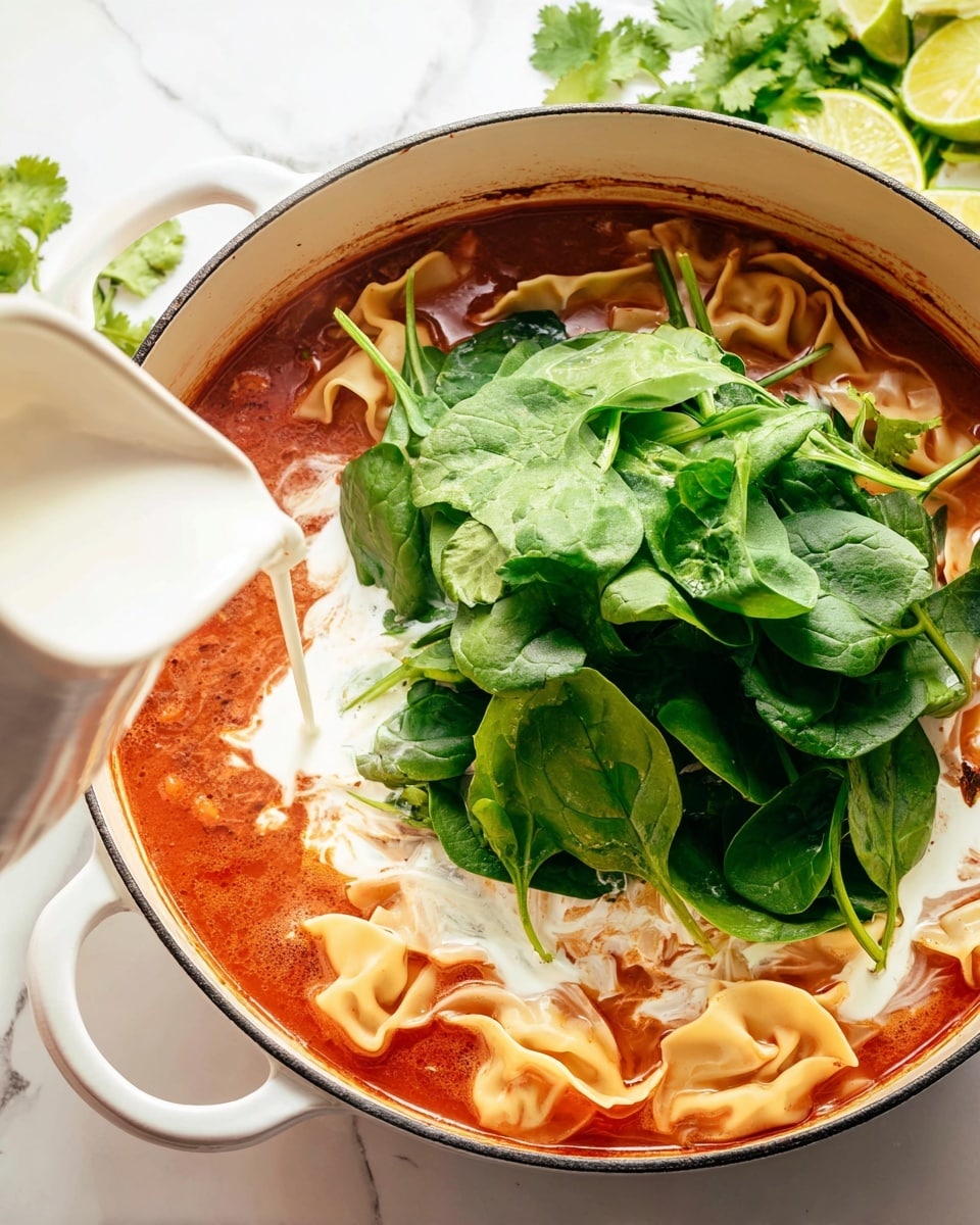 A white pot filled with a rich red tomato soup as the base layer, with soft, folded golden pasta pieces partially covered by melted white cheese floating on top. Fresh, bright green spinach leaves form the next layer, piled thickly in the center of the pot. A light creamy sauce is being poured from a white jug at the lower left, adding white streaks over the soup and spinach. The pot is placed on a white marbled surface, with fresh green lime wedges and cilantro visible at the top right corner. photo taken with an iphone --ar 4:5 --v 7