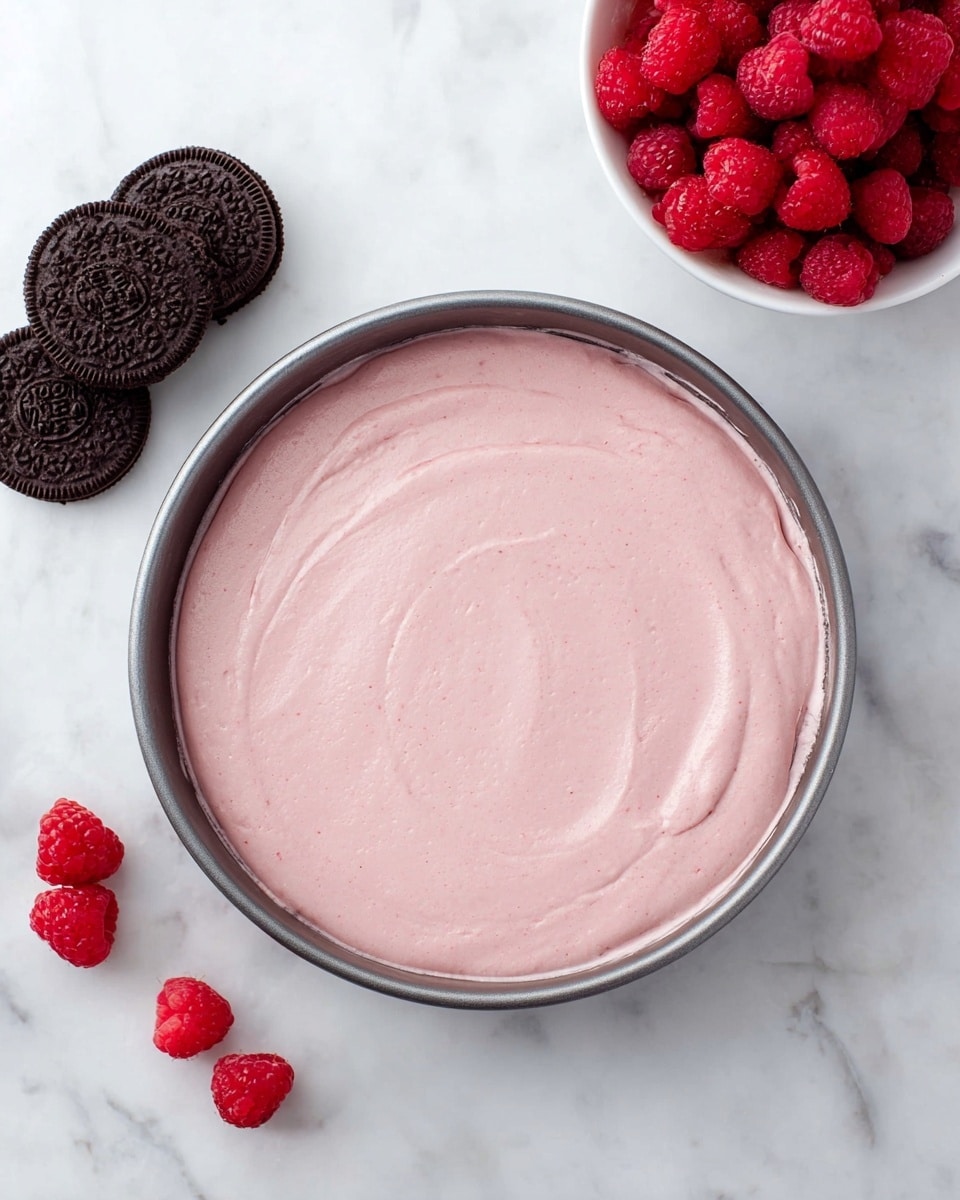 A round baking tin filled with a smooth, thick layer of light pink creamy mixture with a soft texture, evenly spread inside the tin. To the top right, a white bowl holds bright red raspberries, with a few loose raspberries scattered nearby on a white marbled surface. On the left side, three dark chocolate sandwich cookies with cream filling are placed directly on the white marbled surface. photo taken with an iphone --ar 4:5 --v 7