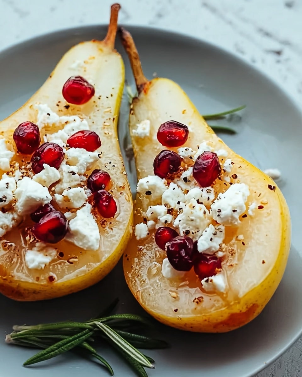 The image shows two halves of a yellow pear placed side by side on a white plate. Each pear half is topped with white crumbly cheese and small bright red berries. There are also small specks of black pepper sprinkled over the pears and cheese. A few green rosemary leaves are placed in between the pear halves. The plate sits on a white marbled surface. The textures include the smooth skin of the pears, the crumbly cheese, and the shiny red berries. Photo taken with an iphone --ar 4:5 --v 7