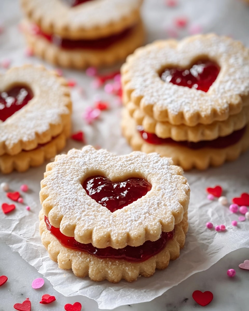 The image shows several sandwich cookies with two layers each; the top layer is a light golden cookie with scalloped edges and a heart-shaped cutout in the center, dusted with white powdered sugar. The bottom layer is a matching cookie with a thick, glossy red jam layer visible through the heart-shaped cutout and slightly oozing out around the edges. The cookies are arranged on white crinkled paper over a white marbled surface, scattered with small red, pink, and white heart-shaped sprinkles and tiny round pink sugar beads. The focus is sharp on the front cookie with a soft blur on the cookies behind it. Photo taken with an iphone --ar 4:5 --v 7