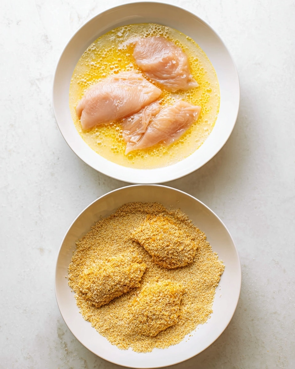 The image shows two white bowls on a white marbled surface. The top bowl contains three pieces of raw light pink chicken dipped in a yellow beaten egg mix with bubbles on the surface. The bottom bowl has a layer of golden-yellow coarse breading mix with three pieces of chicken being coated, two pieces fully covered and one partially coated. The texture contrasts between the smooth, wet egg mixture and the dry, crumbly breading are clear. The scene is well lit, showing the colors and textures vividly. photo taken with an iphone --ar 4:5 --v 7