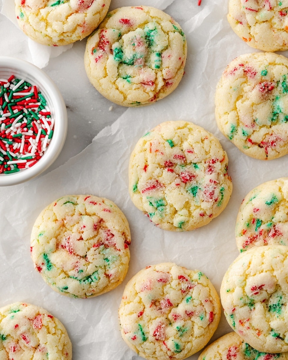 The image shows a close-up of soft round cookies scattered on white parchment paper over a white marbled surface. Each cookie has a pale yellow base with colorful red and green sprinkles baked inside, giving them a festive look. The texture on top is slightly cracked, showing a soft and chewy center. On the left side, a small white bowl is filled with red, green, and white sprinkle sticks. The scene is bright and clean, with the cookies arranged in a loose cluster, showing different angles of their rounded shapes and textured tops. photo taken with an iphone --ar 4:5 --v 7