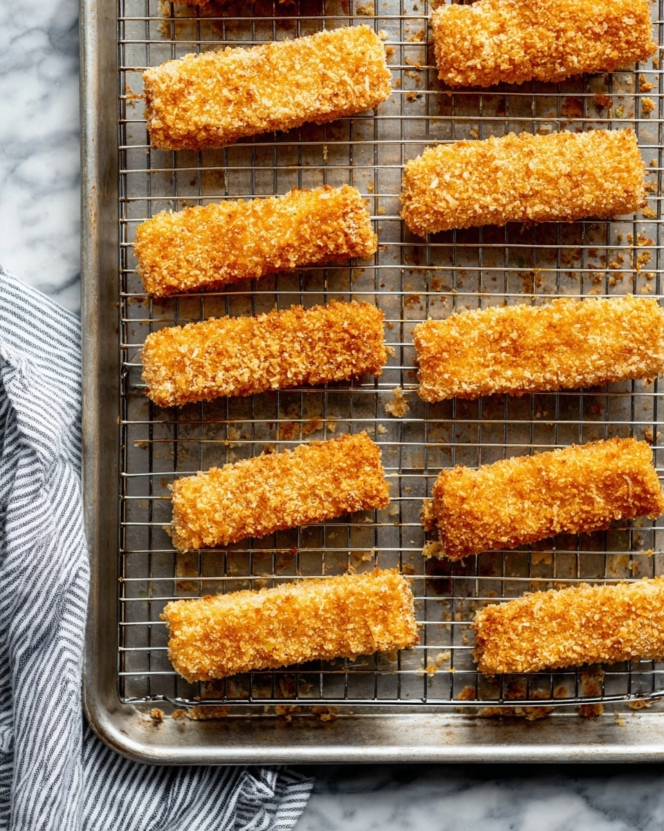 The image shows a metal rack on a baking tray with 15 pieces of food coated in golden brown breadcrumbs. Each piece is a long rectangular shape with the crunchy breadcrumb layer evenly covering the surface. The pieces are arranged in neat rows across the rack with some small loose crumbs scattered around them. The tray is placed on a white marbled surface with a cloth that has thin dark stripes partially visible to the left. The lighting highlights the crispy texture of the breadcrumb coating. Photo taken with an iphone --ar 4:5 --v 7