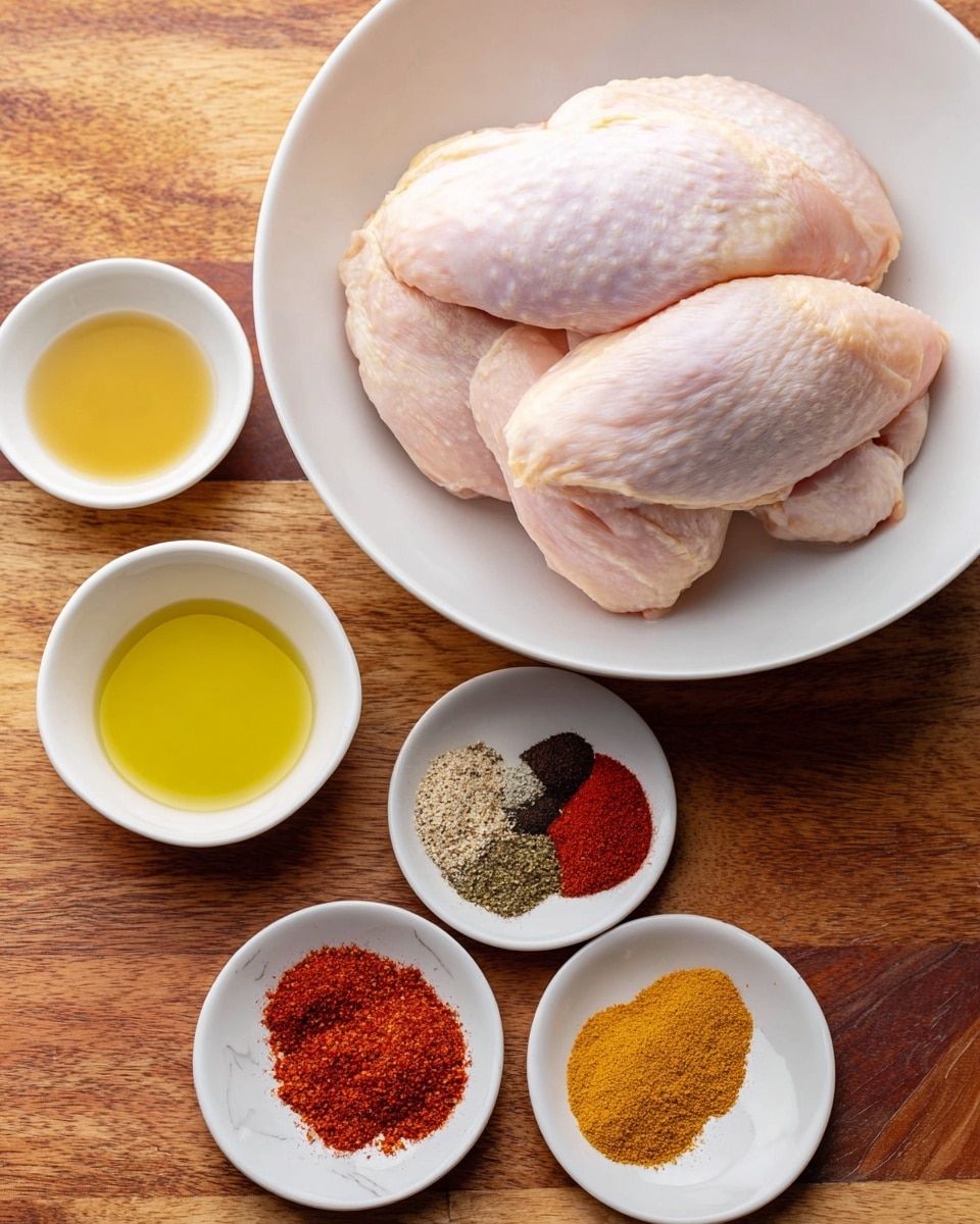 The image shows three raw chicken pieces stacked in a white bowl at the center top of the frame, the chicken skin is smooth and pale pink with some light yellow fat. Below it, there is a white bowl filled with nine different spices arranged in a circular pattern with colors including red, orange, brown, yellow, black, and light gray. To the left and right of the spice bowl are two small white bowls, one filled with golden-yellow oil and the other with a pale yellow liquid. All the bowls sit on a wooden table, contrasted with a white marbled textured background. photo taken with an iphone --ar 4:5 --v 7