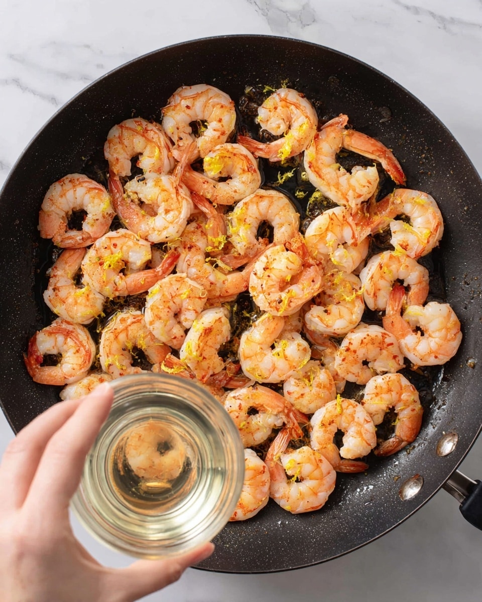 A black pan filled with cooked shrimp arranged evenly, the shrimp are orange-pink with some spices and small yellow lemon zest scattered on top and around. At the bottom center, a woman's hand is holding a small clear glass bowl with a light liquid inside, positioned over the pan as if about to pour. The background is a white marbled surface. photo taken with an iphone --ar 4:5 --v 7