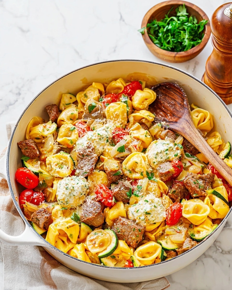The image shows a large white pan filled with a colorful tortellini dish. The base layer is yellow tortellini pasta, mixed with chunks of brown cooked beef. Scattered among the pasta and beef are pieces of green zucchini, red cherry tomatoes, and translucent white onion slices, adding vibrant colors. On top, there are dollops of a creamy sauce with a speckled green herb texture, and some grated cheese sprinkled throughout. A wooden spoon is resting inside the pan, with its handle leaning on the edge. In the background, there is a wooden pepper grinder and a small bowl with fresh green parsley on a white marbled surface. Photo taken with an iphone --ar 4:5 --v 7