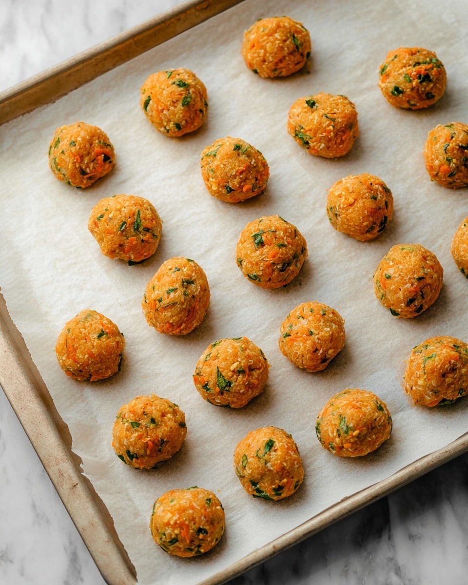 A baking tray lined with white parchment paper holds 24 round, orange-colored balls arranged in a grid of four rows and six columns. Each ball has a textured surface mix of small green herb pieces and light orange bits, appearing slightly moist and soft. The tray rests on a white marbled surface, and the lighting is soft and natural, highlighting the colors and texture of the balls. photo taken with an iphone --ar 4:5 --v 7