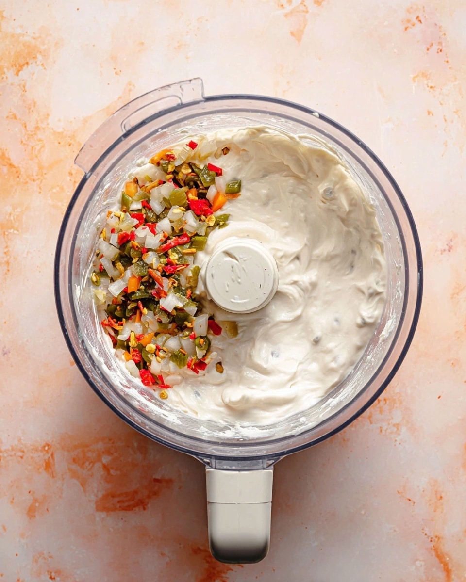 A clear blender bowl with thick white creamy mixture fills most of the space inside. On top of the cream in one side, there is a layer of chopped colorful vegetables including green, orange, red, and white pieces, showing different shapes and soft texture. The bowl sits on a white marbled surface with soft orange patches. The blender blade is visible in the center of the bowl, with a white handle attached at the bottom. photo taken with an iphone --ar 4:5 --v 7