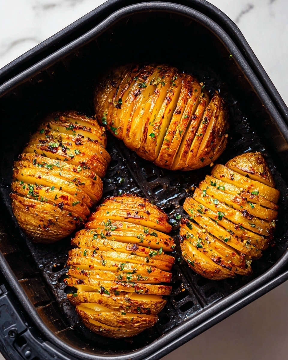 Four golden-brown Hasselback potatoes with thin, neat slices fanned out on each, showing a crispy, slightly charred texture on the edges. The potatoes have a shiny, glazed look from oil or butter, sprinkled with small green herb pieces and black pepper flakes. They are placed inside a black air fryer basket that highlights their warm orange-yellow color. The background is a white marbled texture. photo taken with an iphone --ar 4:5 --v 7