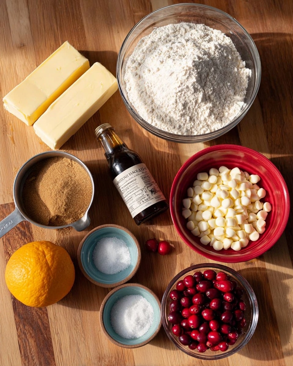 This image shows several baking ingredients arranged on a wooden surface. There are two sticks of butter on the left, a metal measuring cup full of brown sugar above an egg and an orange near the bottom left. To the upper right, there is a glass bowl filled with white flour, next to a red bowl filled with white chocolate chips. A bottle of vanilla extract stands between the flour and the brown sugar. Below the vanilla, there are three small bowls: one with salt, one with baking powder, and one filled with bright red cranberries. The scene is neat and organized, with a natural warm light creating soft shadows around the ingredients. photo taken with an iphone --ar 4:5 --v 7