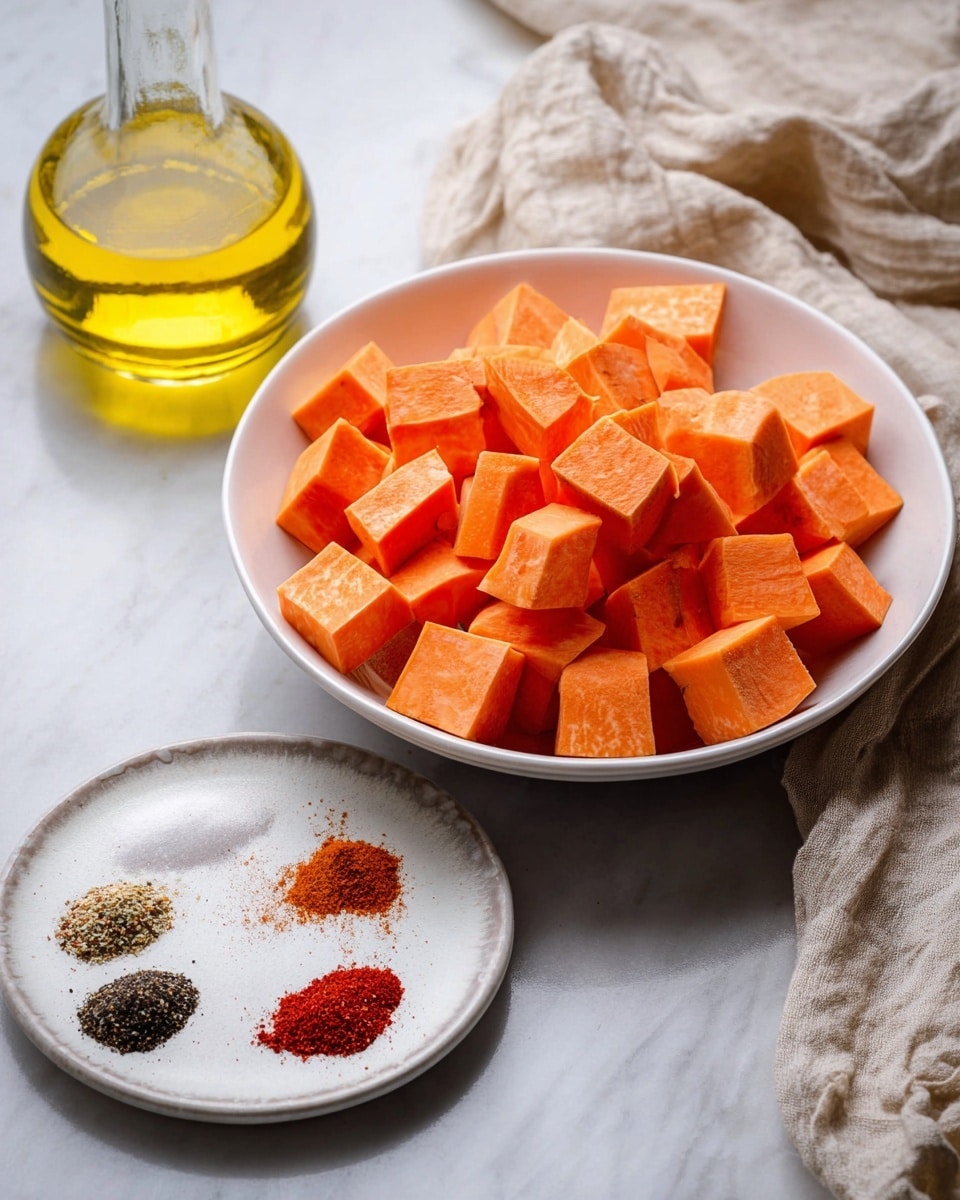 A white bowl filled with many small cubes of bright orange sweet potato, showing a smooth texture and vibrant color. Next to the bowl is a small white plate holding several spice powders in small piles: white, black, red, and shades of brown. Behind the bowl is a clear glass bottle filled with golden yellow oil, and a soft, wrinkled beige cloth sits nearby. All items are placed on a white marbled surface that contrasts with the vivid orange of the sweet potatoes. Photo taken with an iphone --ar 4:5 --v 7