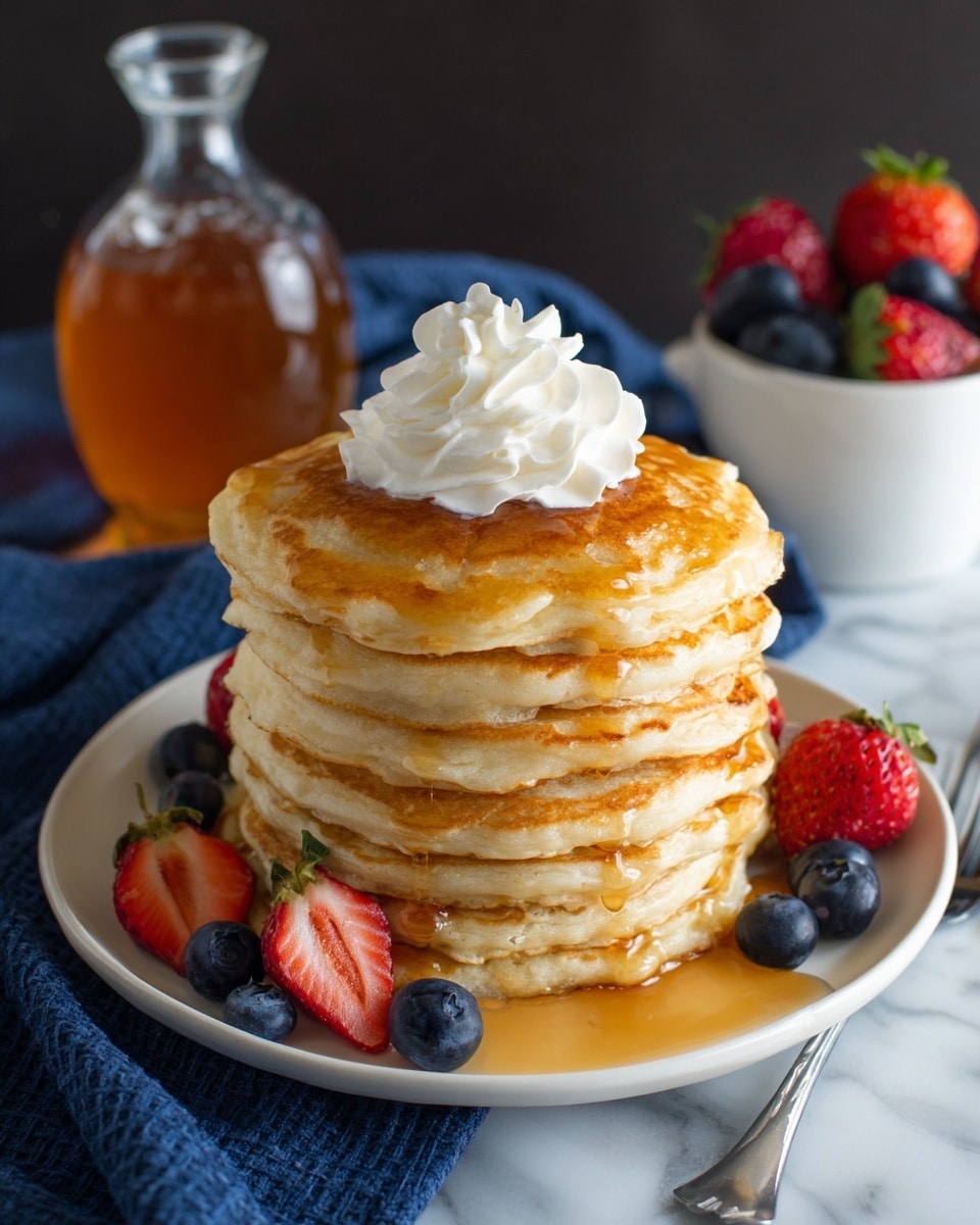 A tall stack of seven golden brown pancakes sits in the center of a white plate. Each pancake has a soft, fluffy texture with slightly darker edges, and light syrup flows down the sides pooling onto the plate. On top of the stack is a swirl of white whipped cream, slightly glossy from the syrup. Around the stack on the plate are fresh blueberries and strawberries, adding pops of blue and red color. Behind the plate is a glass bottle filled with light amber syrup, and to the right, a small white bowl holds more blueberries and strawberries. The plate rests on a blue cloth on a white marbled surface, with a fork laid beside the pancakes. photo taken with an iphone --ar 4:5 --v 7