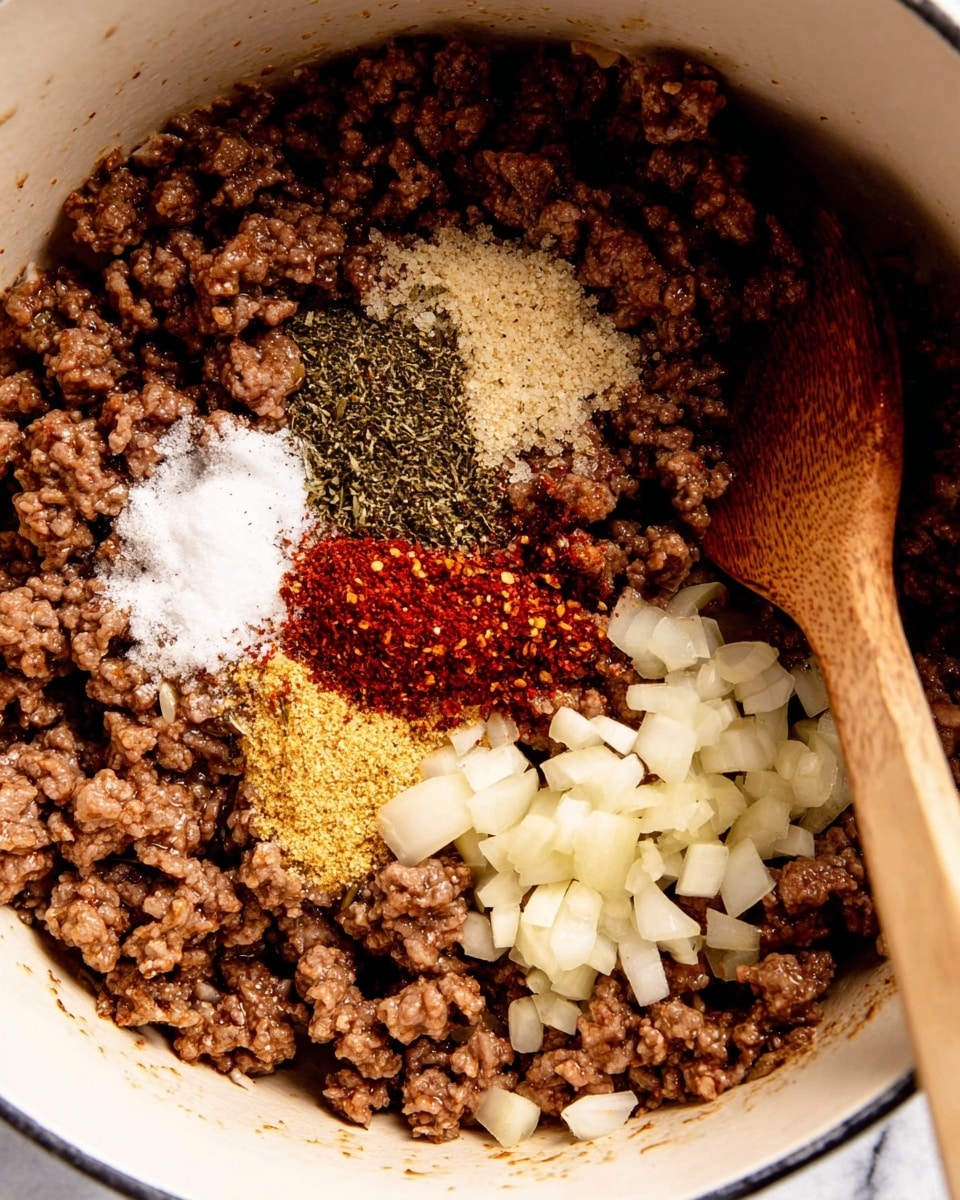 The image shows a close-up view inside a white pot filled with cooked ground beef and small pieces of translucent onions, all browned. On top of the beef are six distinct piles of spices: white coarse salt, light brown dried oregano, dark green dried basil, light yellow minced garlic, and bright red crushed chili flakes. A wooden spoon with some diced onions on it rests on the right side inside the pot. The background is a white marbled texture. photo taken with an iphone --ar 4:5 --v 7