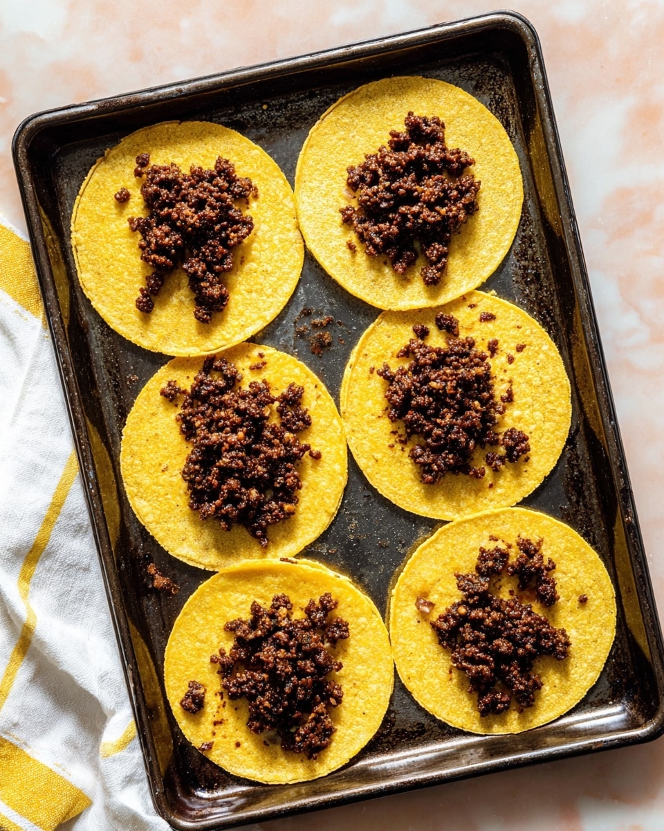 The image shows six yellow corn tortillas laid out in two rows of three on a dark baking tray with a slightly worn texture. Each tortilla has a mound of dark brown cooked ground meat placed in the center, with some small bits scattered around the edges. The tortillas have a soft, slightly uneven surface with a warm golden color. The tray sits on a white marbled surface with a soft pink tone visible around the edges, and a cloth with white and yellow stripes is partially visible on the left side. photo taken with an iphone --ar 4:5 --v 7