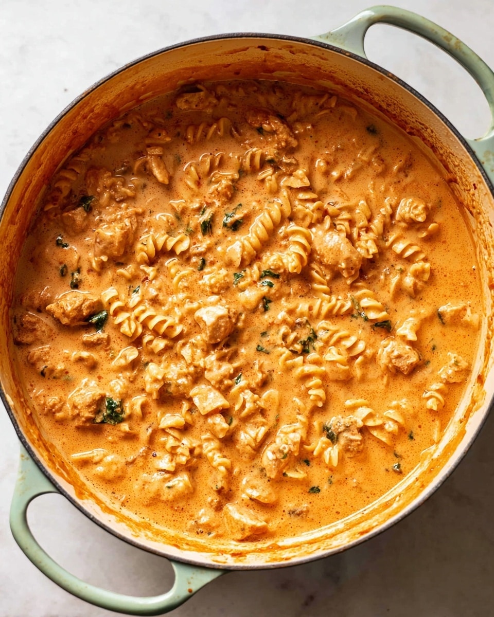 A round light green pot filled with a thick, creamy orange sauce mixed with spiral pasta pieces and chunks of tender light brown meat. There are small bits of dark green leafy herbs scattered throughout the sauce. The inside edges of the pot show splashes of the sauce, and the pot is placed on a white marbled surface. The texture looks smooth and rich, with pasta spirals sitting unevenly in the sauce. photo taken with an iphone --ar 4:5 --v 7