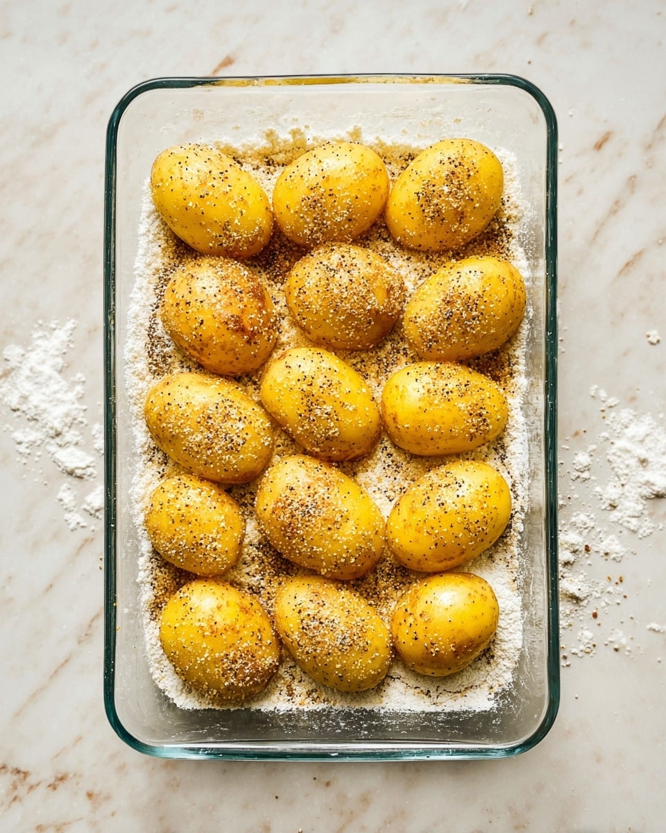 A glass baking dish holds about sixteen small yellow potatoes arranged in four uneven rows, each potato coated with a layer of coarse seasoning that looks like black pepper and fine salt. The potatoes rest on a base layer of white flour spread unevenly across the bottom of the dish. The clear glass dish sits on a white marbled surface with scattered flour around it. The light highlights the smooth, slightly shiny texture of the potatoes and the grainy texture of the flour and seasoning. photo taken with an iphone --ar 4:5 --v 7