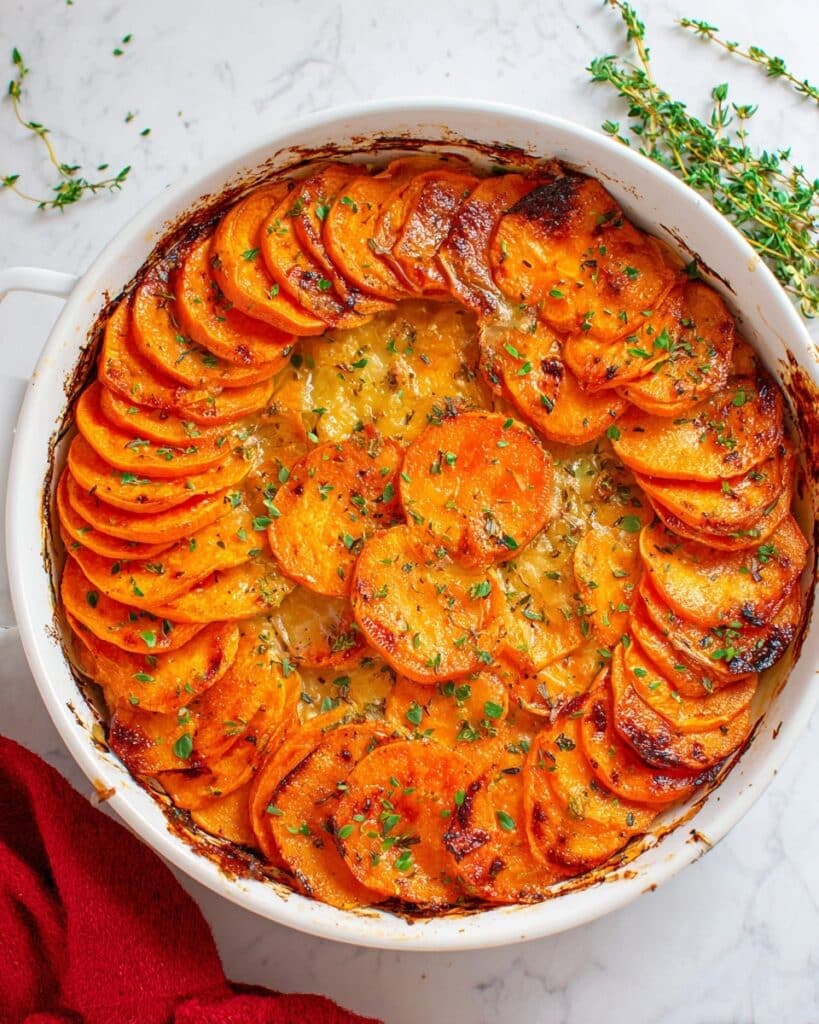 Scalloped Sweet Potatoes with Garlic, Herbs, and Parmesan Recipe