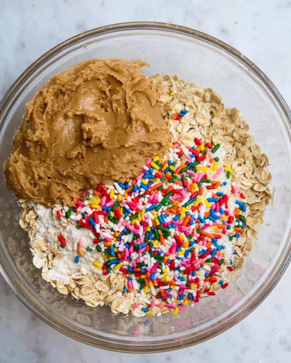 A clear bowl is shown on a white marbled surface, filled with three layers of ingredients. The bottom layer is light tan rolled oats with a rough, flaky texture. On top, there is a layer of colorful rainbow sprinkles scattered unevenly, adding vibrant reds, blues, greens, yellows, pinks, and whites. The top layer is a generous dollop of thick, creamy almond butter with a smooth, slightly glossy brown texture, spread on the left side of the bowl. Photo taken with an iphone --ar 4:5 --v 7