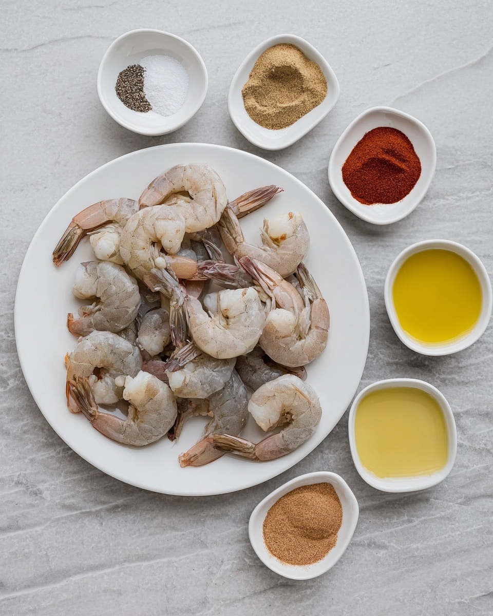 A white plate holds about fifteen raw shrimp with grayish-pink shells and tails, arranged loosely with some overlapping. Surrounding the plate are seven small white square and round bowls, each filled with different ingredients: white salt, black pepper, a reddish-brown spice, a light tan powder, a bright reddish-orange spice, a medium brown powder, and golden yellow olive oil. The setup is on a white marbled surface, showing a clean and simple layout. photo taken with an iphone --ar 4:5 --v 7