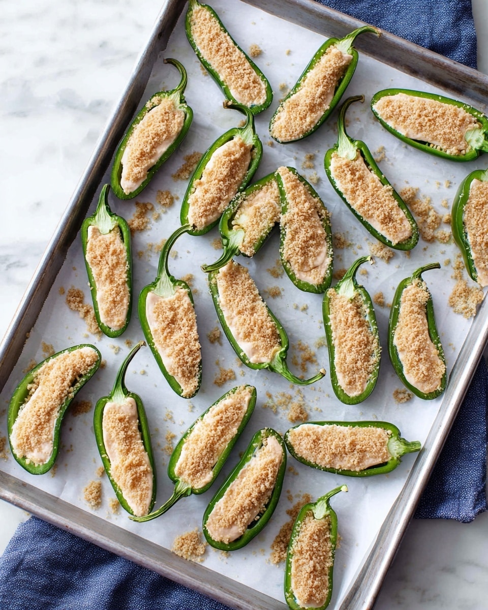 The image shows a baking tray lined with white paper on a white marbled surface with a folded blue cloth nearby. On the tray, there are 28 halved jalapeño peppers, each half filled with a creamy pale filling topped with a light beige crumbly layer. The jalapeño skins are bright green and glossy, and the filling looks smooth and thick, evenly spread inside each pepper half. The crumbly topping adds small grainy texture, scattered lightly on top and around the peppers on the paper. The photo taken with an iphone --ar 4:5 --v 7