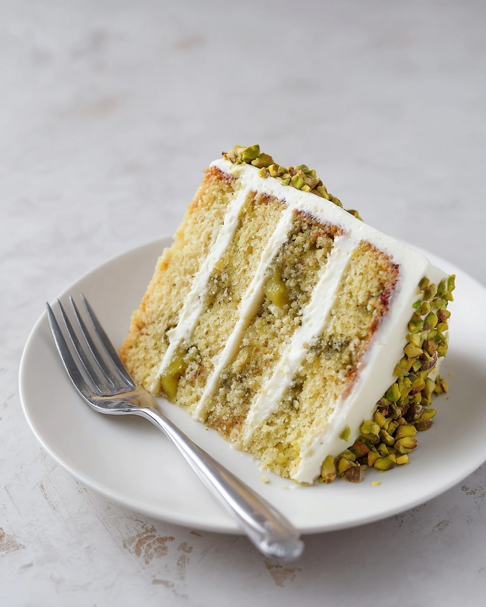 A slice of three-layer pistachio cake sits on a white plate with a fork resting beside it. Each cake layer is light greenish-yellow with visible bits of pistachio nuts inside. Between each layer is a thin spread of white cream. The entire slice is covered smoothly in white frosting, with a small pile of crushed pistachios decorating the side near the base. The plate is on a white marbled surface. Photo taken with an iphone --ar 4:5 --v 7