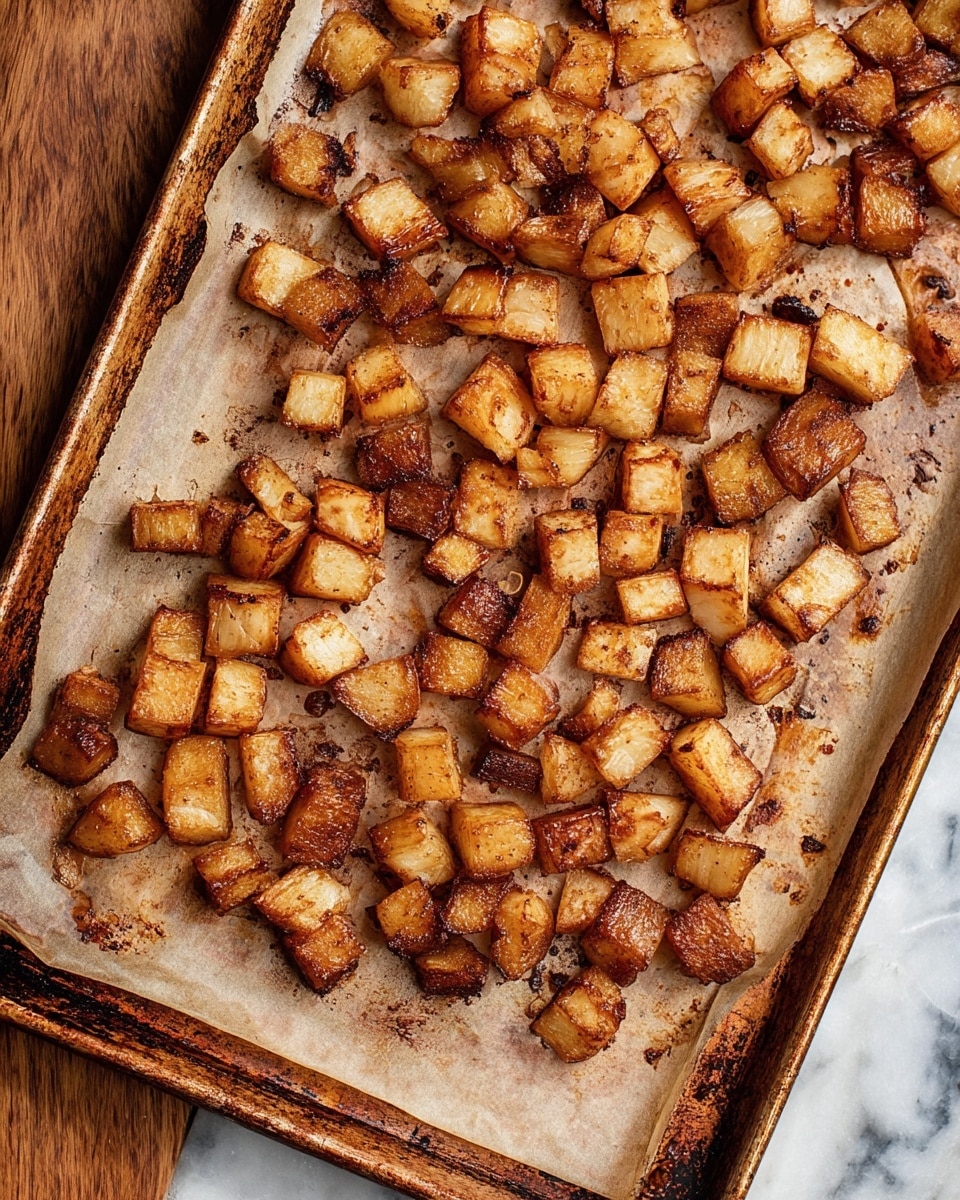 The image shows a baking tray lined with worn parchment paper covered in small cubed pieces of cooked food that appear soft and tender, with a rich golden-brown color that has darker seared spots, giving a browned and slightly caramelized texture. The cubed pieces are scattered in an uneven layer across the tray, exposing the parchment underneath in some areas. The tray is placed on a wooden surface, but this background should be imagined as white marbled texture. The overall look highlights the warm, cooked, and rustic quality of the food. photo taken with an iphone --ar 4:5 --v 7