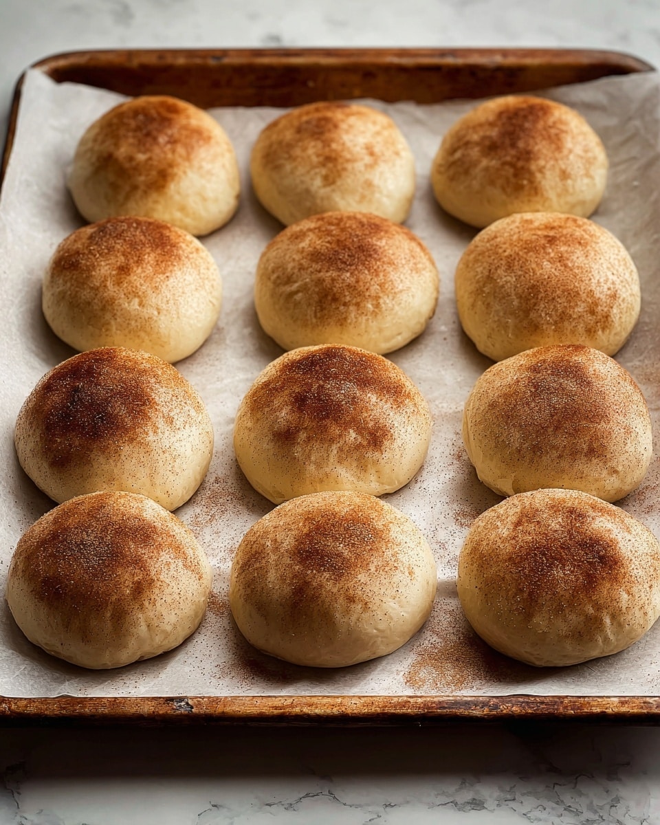 The image shows a baking tray lined with white parchment paper, holding nine round buns spaced evenly in a 3 by 3 arrangement. Each bun is golden brown on top with a slight dusting of cinnamon or similar spice unevenly spread across their slightly shiny surfaces. The buns have a soft, smooth texture with subtle cracks and a puffed-up shape, resting on the paper with gentle shadows beneath them, all placed on a white marbled surface. photo taken with an iphone --ar 4:5 --v 7