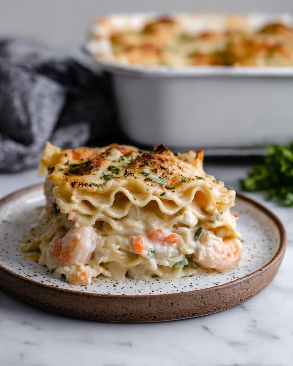 A creamy lasagna slice is stacked in three thick layers of soft, wavy pasta sheets that are pale yellow in color. Between each pasta layer, there is a rich white sauce mixed with pieces of light pink shrimp and bits of chopped green herbs. The top layer is covered with a golden-brown melted cheese crust with specks of herbs sprinkled over it. The lasagna sits on a round white plate with a speckled rim, placed on a white marbled surface. In the blurred background, a white baking dish with more lasagna and a folded gray cloth add a cozy feeling. Photo taken with an iphone --ar 4:5 --v 7