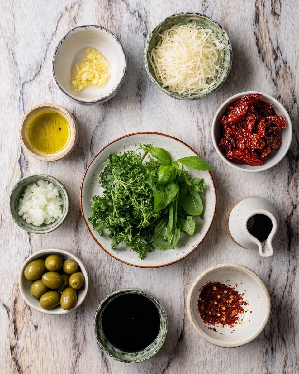 Several small white bowls and plates are arranged on a white marbled surface. In the center, a small white plate with a light brown rim holds fresh green basil leaves and curly parsley. Surrounding it clockwise from top left, there is a small white bowl with yellow minced garlic, a white bowl with shredded white cheese, a small white bowl with chunky red sun-dried tomatoes, a small white bowl with coarse salt, a white bowl containing finely chopped shallots, a white jug filled with olive oil, a small ceramic bowl with dark balsamic vinegar, a small round white bowl with green olives, and a small white bowl with red chili flakes. The textures range from smooth liquids to fresh leafy greens and finely chopped ingredients photo taken with an iphone --ar 4:5 --v 7