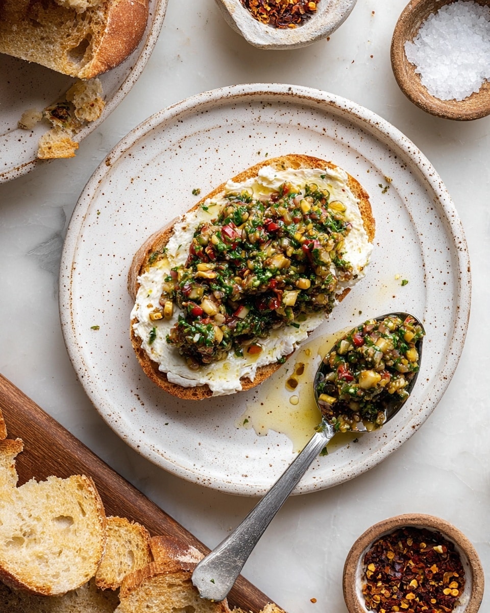 A white speckled plate holds one slice of light brown toasted bread topped with a thick, creamy white spread, which is evenly layered across the bread. On top of this is a colorful, chunky mixture of chopped ingredients including green herbs, red bits, and small golden pieces, giving a fresh and textured look. To the right of the plate, a shiny silver spoon rests, holding more of the same mixture with visible oil shining on it. Around the main plate, there are scattered pieces of torn toasted bread and small ceramic bowls with coarse salt and red pepper flakes, all placed on a white marbled surface. Photo taken with an iphone --ar 4:5 --v 7