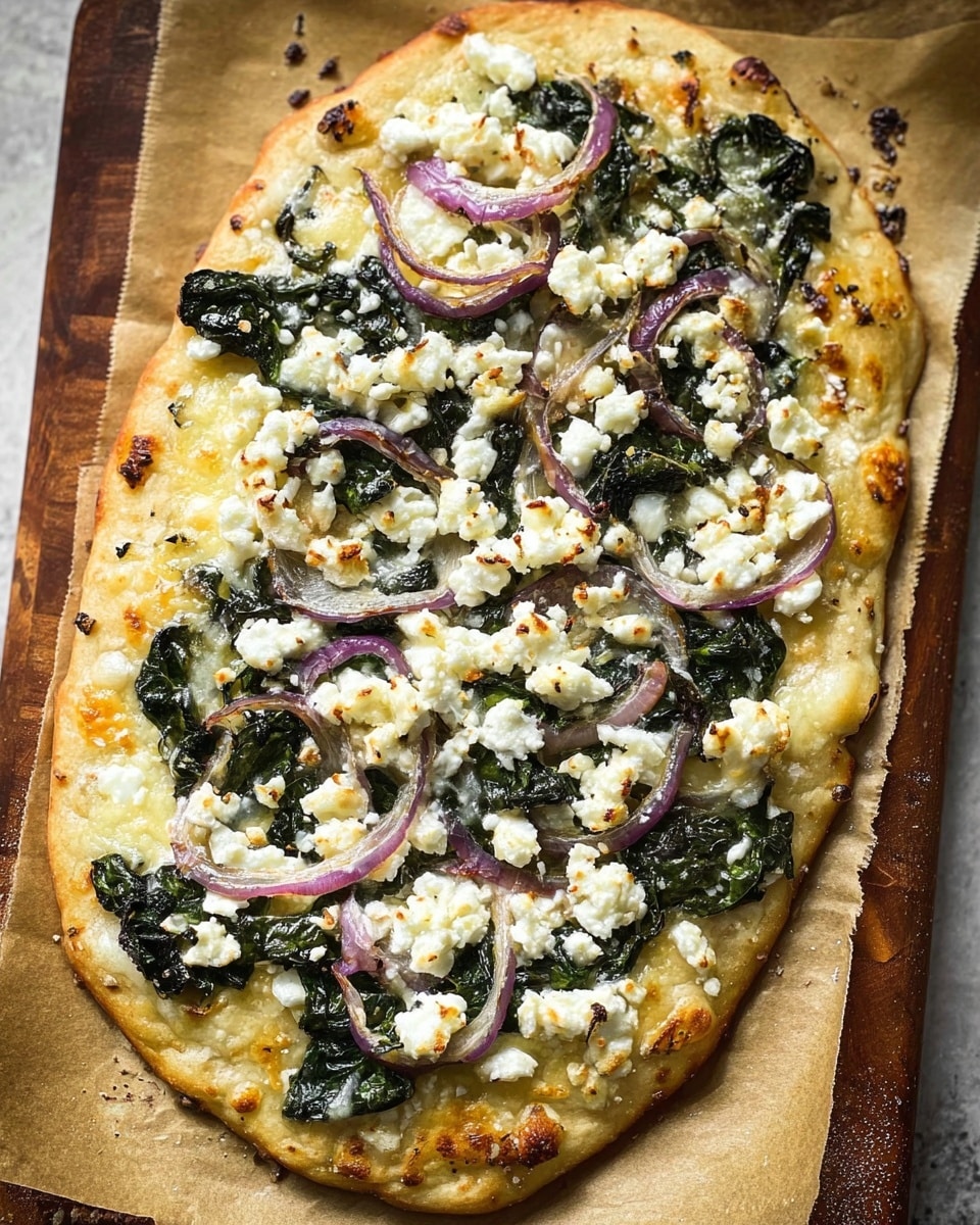 A flat oval pizza with a golden-brown crust sits on light brown baking paper over a wooden board. The first layer is smooth melted cheese with small golden spots. On top, there are cooked dark green spinach leaves spread evenly. Thin, soft slices of translucent purple onion lay scattered across the pizza. Crumbled white cheese is generously sprinkled all over, adding a soft and crumbly texture. The pizza looks warm with a mix of rich white, green, and light purple colors standing out against the golden crust. photo taken with an iphone --ar 4:5 --v 7