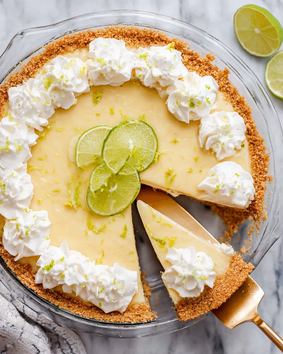 This image shows a lime pie in a clear glass pie dish sitting on a white marbled surface. The pie has three layers: a crumbly golden-brown crust around the edge, a smooth light yellow filling in the middle, and white whipped cream dollops evenly spaced around the top edge. There are thin slices of green lime placed in a small group near the center of the pie. One slice of the pie is being lifted with a gold-colored pie server, showing the creamy texture of the filling and crust inside. Small lime zest bits are sprinkled on top of the whipped cream and filling. Photo taken with an iphone --ar 4:5 --v 7