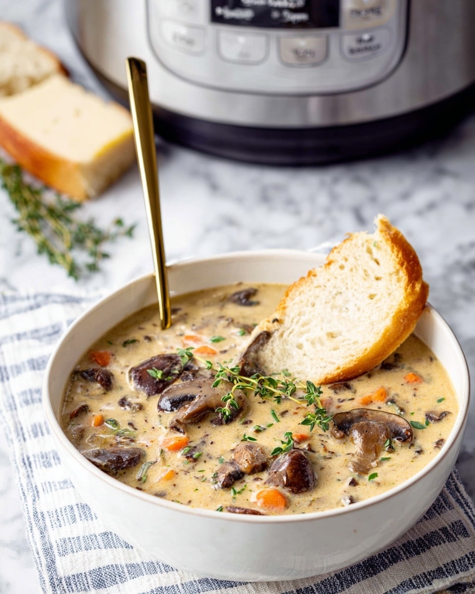 A white bowl filled with creamy soup containing visible pieces of brown mushrooms, orange carrot chunks, and small green herbs layered throughout. On top of the soup, fresh green thyme sprigs are placed as garnish. A light brown slice of bread rests on the bowl’s edge, partially dipped into the soup. A golden spoon stands upright inside the bowl. The bowl sits on a white and light blue striped cloth, all placed on a white marbled surface. In the background, there is a silver slow cooker with black buttons blurred out, complementing the scene. Photo taken with an iphone --ar 4:5 --v 7