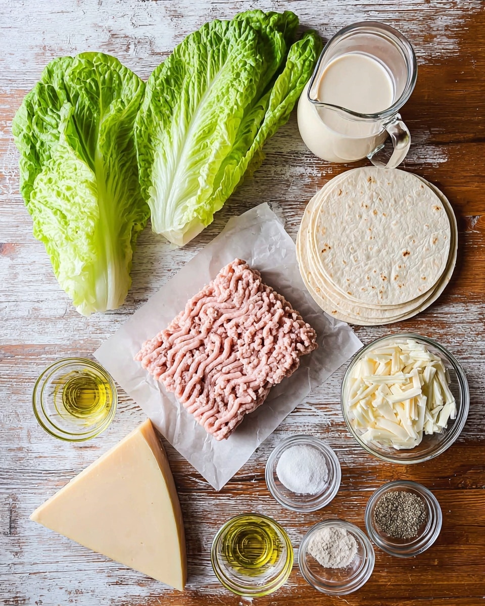 The image shows several food items neatly arranged on a wooden surface with a white marbled texture. In the center is a rectangular block of light pink ground meat on a piece of wax paper. To the top left, two large green romaine lettuce leaves with a crisp texture lie flat. Near the top center, a clear glass jug holds a creamy white sauce. To the right of the jug, there is a stack of round white tortillas. Below the tortillas, a large triangular piece of pale yellow cheese is placed. Around the meat and cheese, there are six small clear bowls containing different seasonings and oils—pale yellow oil, white granulated powder, finely grated cheese, a mix of salt and black pepper, and two other light-colored powders. The whole setup is well lit, showing the natural colors and textures of the ingredients clearly. photo taken with an iphone --ar 4:5 --v 7