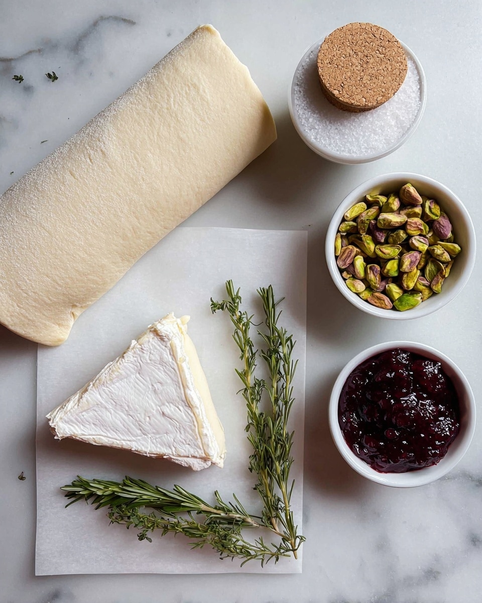 A white square paper is placed on a white marbled surface with a partially unrolled dough sheet showing its light beige soft texture on the left side. Below the dough lies a triangular wedge of soft cheese with a white rind, presenting a smooth and creamy surface. Three fresh green rosemary sprigs are spread horizontally beneath the cheese. To the upper right, there is a small white bowl filled with green pistachios, and next to it, another small white bowl contains a deep purple-red jam with a glossy texture. Above these bowls is a white ceramic container filled with coarse white salt, topped with a round cork lid placed adjacent to it. The photo taken with an iphone --ar 4:5 --v 7