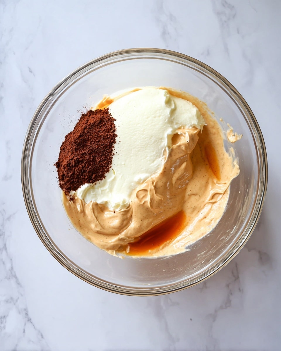 A clear glass bowl sits on a white marbled surface, holding four main layers of ingredients. On the left, there is a small pile of dark brown powder. Next to it, near the center, is a soft, white, creamy layer with a smooth texture. To the right of this, spreading along the edge, is a thick light brown creamy spread with some slight texture. Below the white cream, a small amount of dark amber liquid peeks out. The clear bowl's round shape and transparent sides highlight the different layers inside. photo taken with an iphone --ar 4:5 --v 7