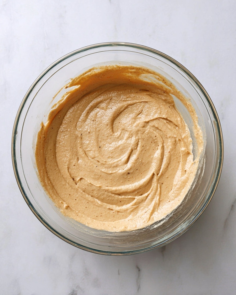 A clear glass bowl is filled with a thick, smooth batter that is light brown with tiny darker specks mixed throughout. The batter has a creamy texture with visible swirl marks from mixing, mainly smooth but with some uneven areas showing the motion of stirring. The bowl sits on a white marbled surface, creating a clean and bright background that contrasts softly with the batter inside. The photo is taken from above, focusing on the round shape of the bowl and the creamy batter inside. photo taken with an iphone --ar 4:5 --v 7