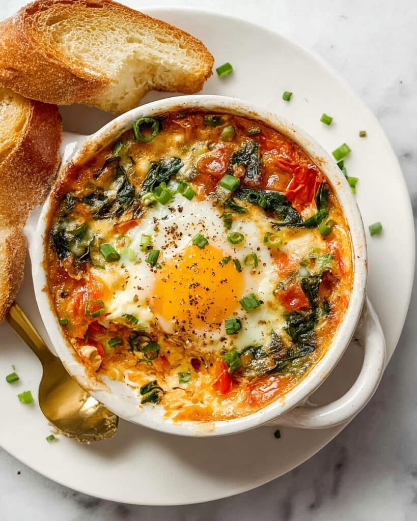 Baked Feta Eggs with Spinach and Tomatoes Recipe