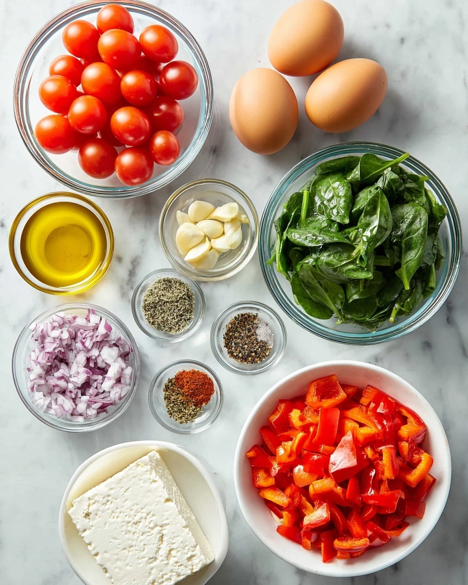 The image shows several clear glass bowls and a white bowl arranged on a white marbled surface. In the top left, a glass bowl is full of bright red cherry tomatoes. To the right of it are four brown eggs placed in a cluster. Below the tomatoes, another glass bowl holds fresh green spinach leaves. Next to the spinach is a small glass bowl filled with golden olive oil. Below that is another glass bowl containing finely chopped red onions with white and purple layers visible. Near the center, a small glass bowl holds minced garlic. On the bottom left, a white bowl contains mixed spices including black pepper, red pepper flakes, salt, oregano, and thyme. To its right, a larger white bowl is full of chopped red bell peppers, showing bright orange-red colors. A block of white feta cheese is placed near the spinach on the left side. The whole set of ingredients is brightly lit, clearly showing the fresh textures and colors of each item. Photo taken with an iphone --ar 4:5 --v 7