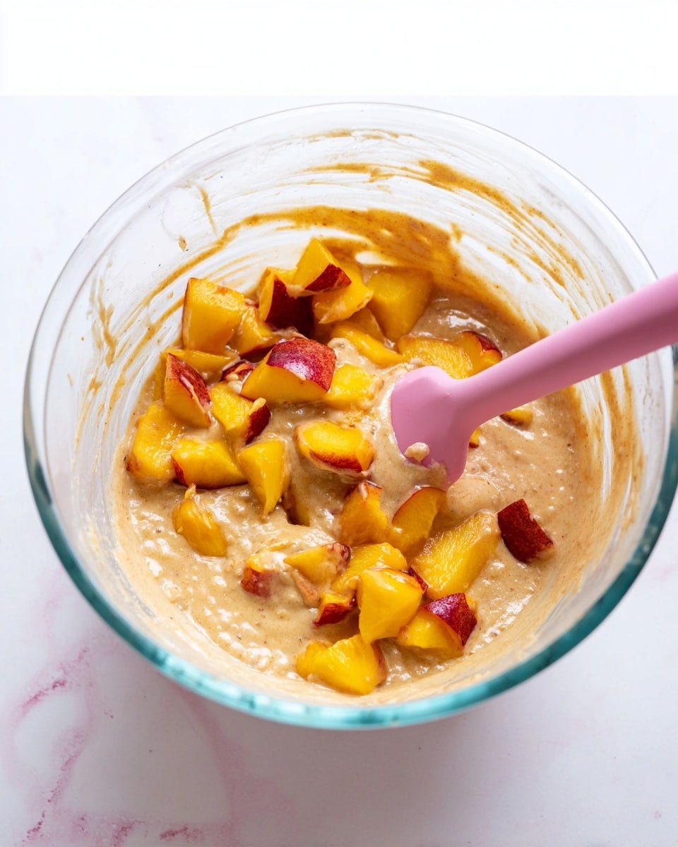 A clear glass bowl filled with light brown batter that has a creamy texture and visible streaks around the inside of the bowl. On top of the batter are small, bright yellow and orange peach pieces with some red-peach skin. A pink spatula is partially buried in the batter near the peach pieces, with its handle sticking out. The bowl sits on a surface with a white marbled texture. photo taken with an iphone --ar 4:5 --v 7