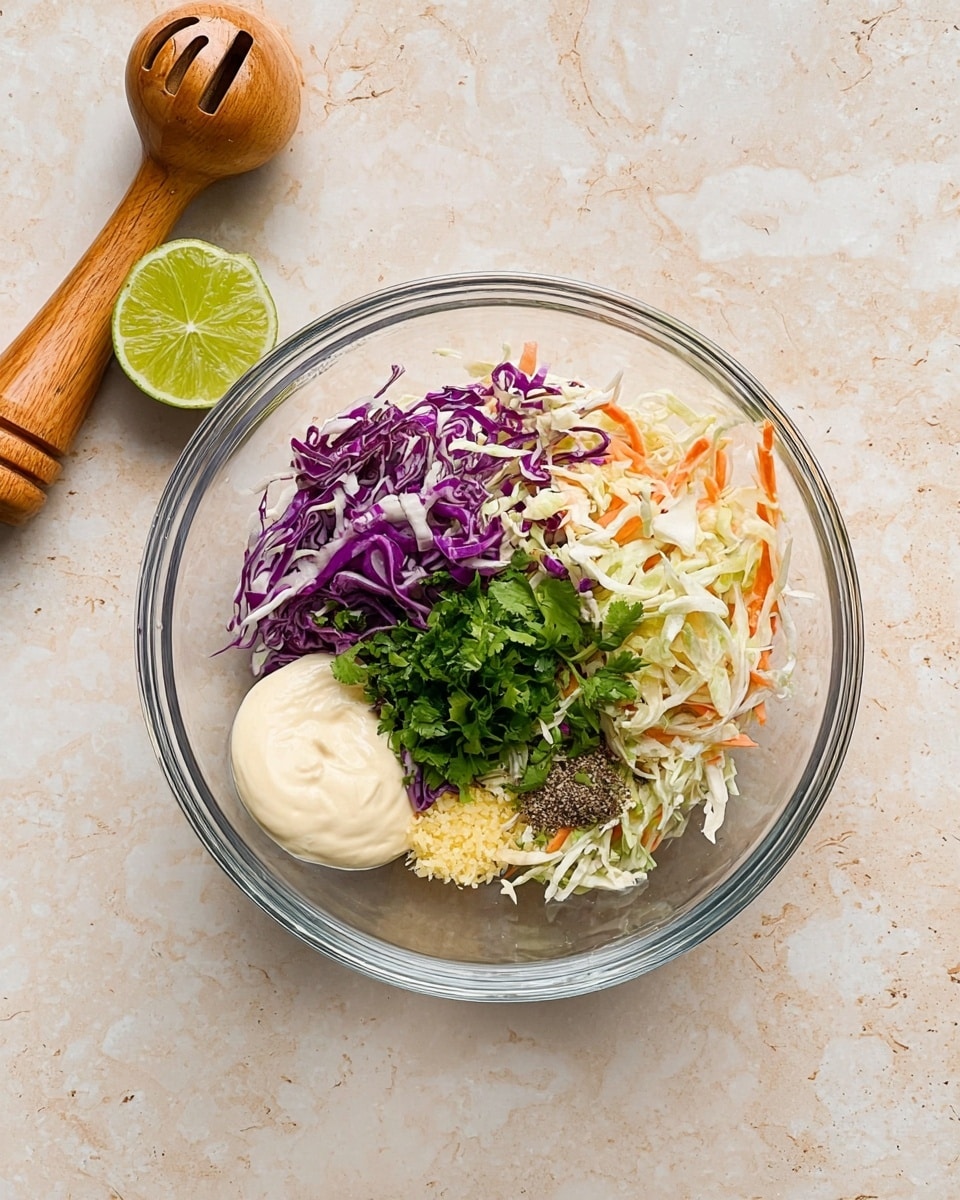 A clear glass bowl sits on a white marbled surface, filled with a colorful mix of shredded vegetables and condiments. There are three main layers visible: the bottom layer consists of white and purple shredded cabbage mixed with thin orange carrot strips, giving a mix of white, purple, and orange colors with a crunchy texture. On one side of the bowl, a small heap of bright green fresh chopped cilantro leaves adds a leafy texture, while next to it, a smooth dollop of pale cream mayo provides a soft contrast. Near the front, a small pile of finely minced ginger adds a pale yellow color and a slightly coarse texture. Black pepper and spices sprinkle lightly over the cabbage. To the top left of the bowl, a wooden citrus juicer and a squeezed half of lime with a light green inside rest on the white marbled surface. Photo taken with an iphone --ar 4:5 --v 7