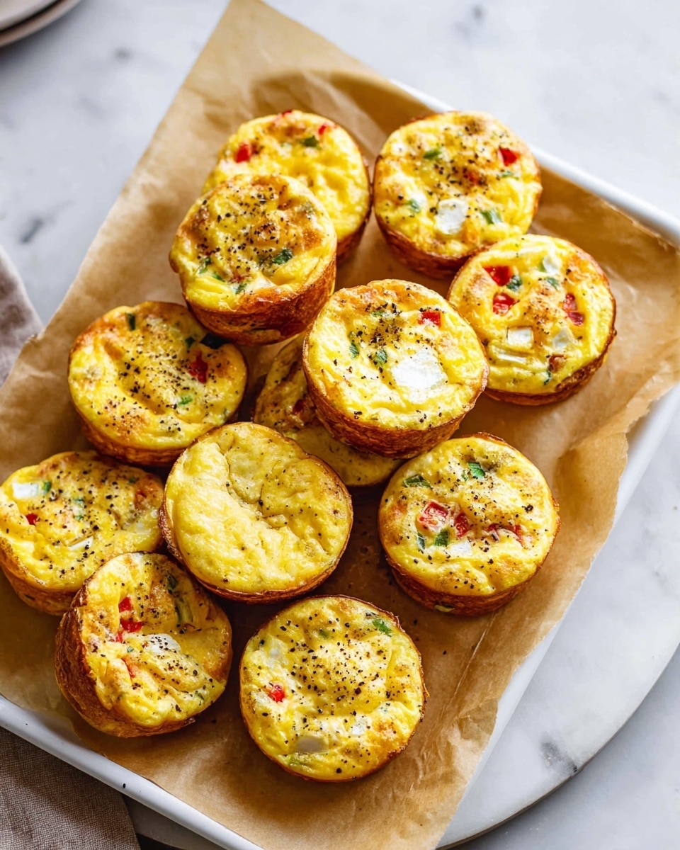 A white tray holds a sheet of light brown parchment paper with thirteen small, round egg muffins placed on top. Each muffin has a golden-yellow, slightly puffy top with visible bits of green and red vegetables and white cheese scattered inside. The edges of the muffins are browned and slightly crispy, creating a contrast with the soft interior. Some muffins are upright, showing their smooth, browned sides, while others rest on their tops, displaying their textured tops sprinkled with black pepper. The tray rests on a white marbled surface. photo taken with an iphone --ar 4:5 --v 7