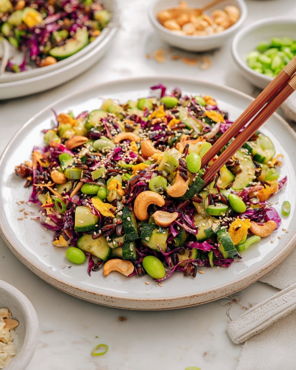 A white plate filled with a colorful salad made of green cucumber pieces, bright purple cabbage, light green edamame beans, orange cashew nuts, and dark brown bits of wild rice. Small green slices of onion are mixed throughout, adding a fresh touch. Light brown sesame seeds are sprinkled on top, and a pair of wooden chopsticks is holding a small bite of the salad near the center of the plate. The background has a white marbled texture, and small white bowls with more ingredients are softly blurred around the plate. photo taken with an iphone --ar 4:5 --v 7